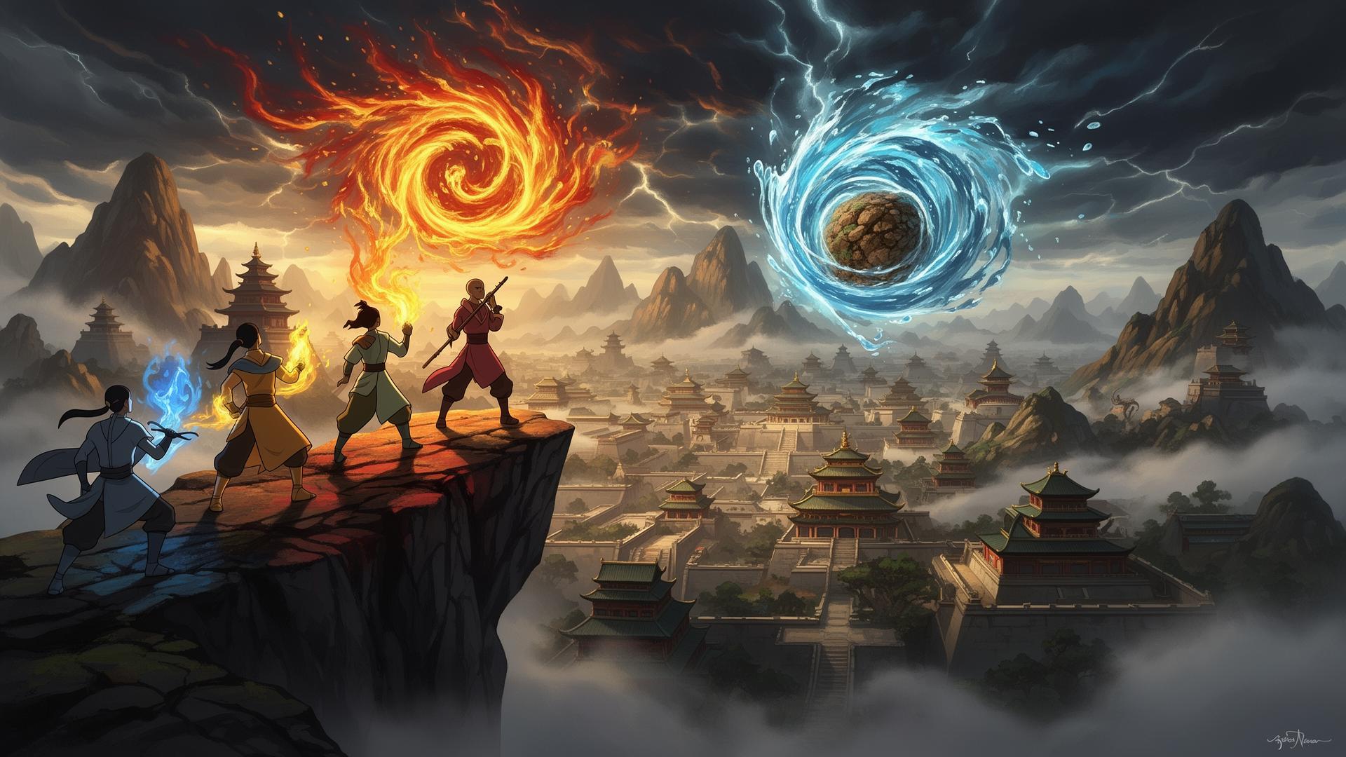 Four benders overlook an ancient imperial city